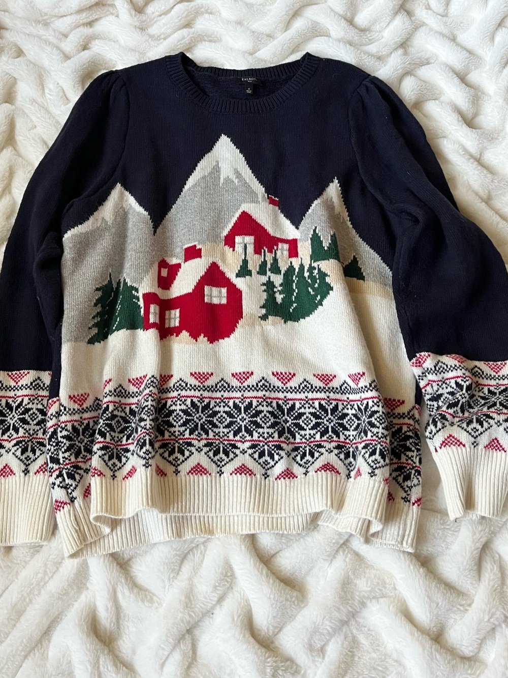 Talbots Navy, Cream & Red Cabin Scenic Crewneck Sweater